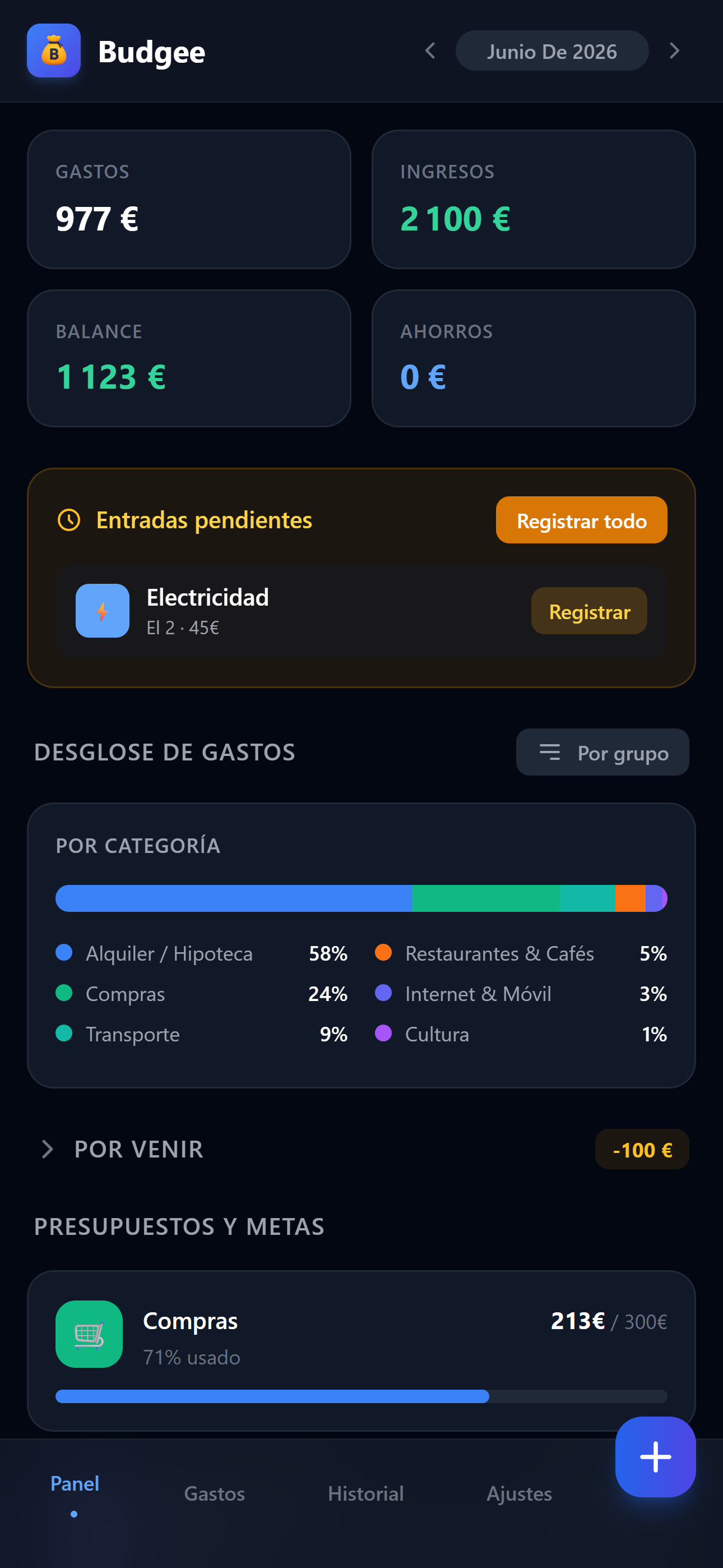 Panel de la app Plio